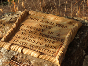 Memorial plaque in the redwood grove in Sorich Park forJohn Walters